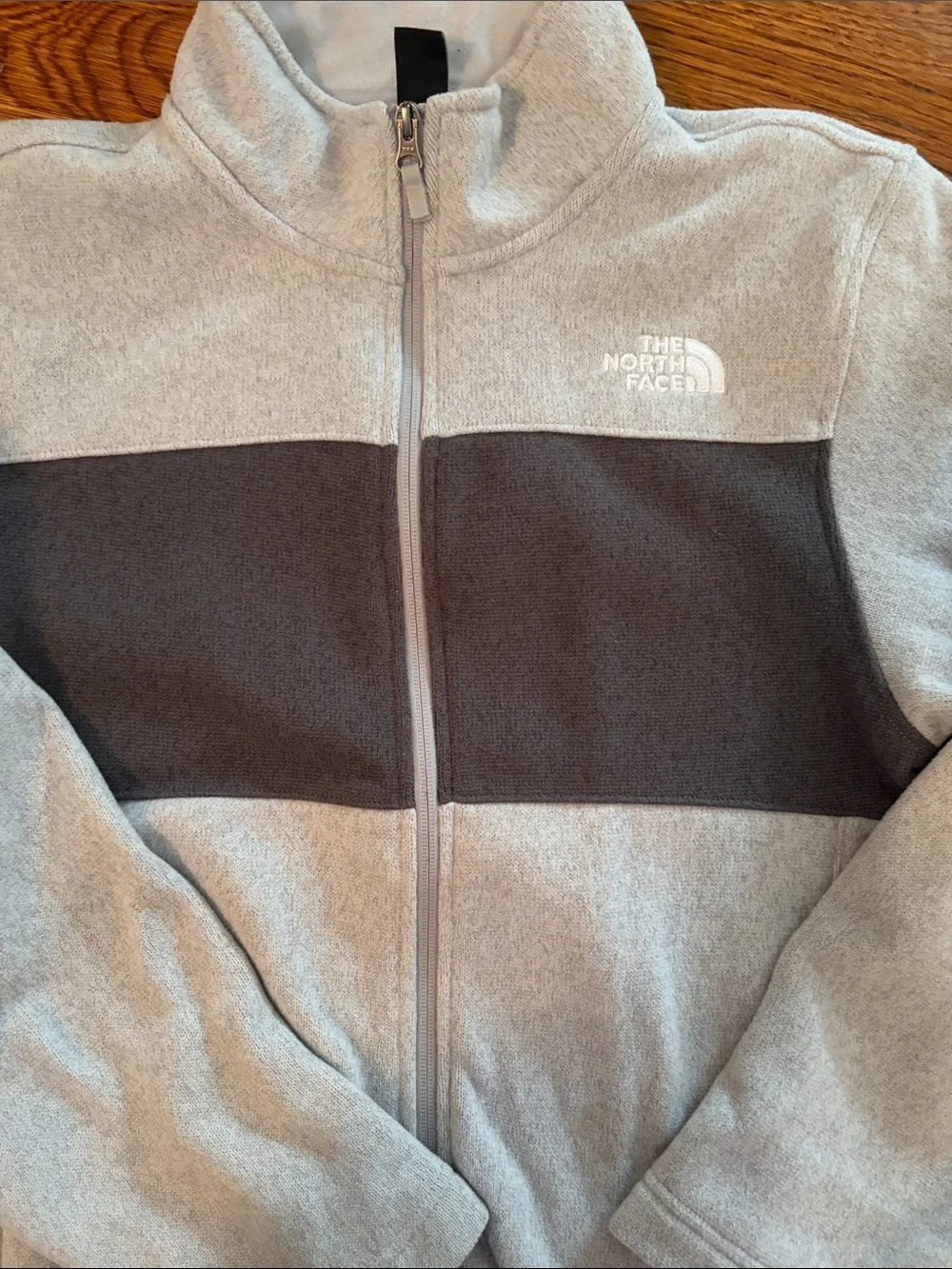 The North Face Kids Light Gray Fleece Jacket with Dark Gray Chest Panel